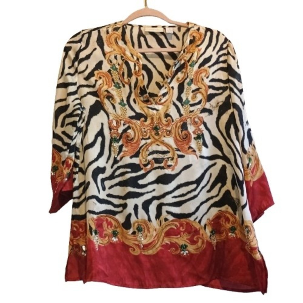 Chico's Tunic Size 1 (M 8) Zebra‎ Animal Print Baroque Embellished Red Tunic Top